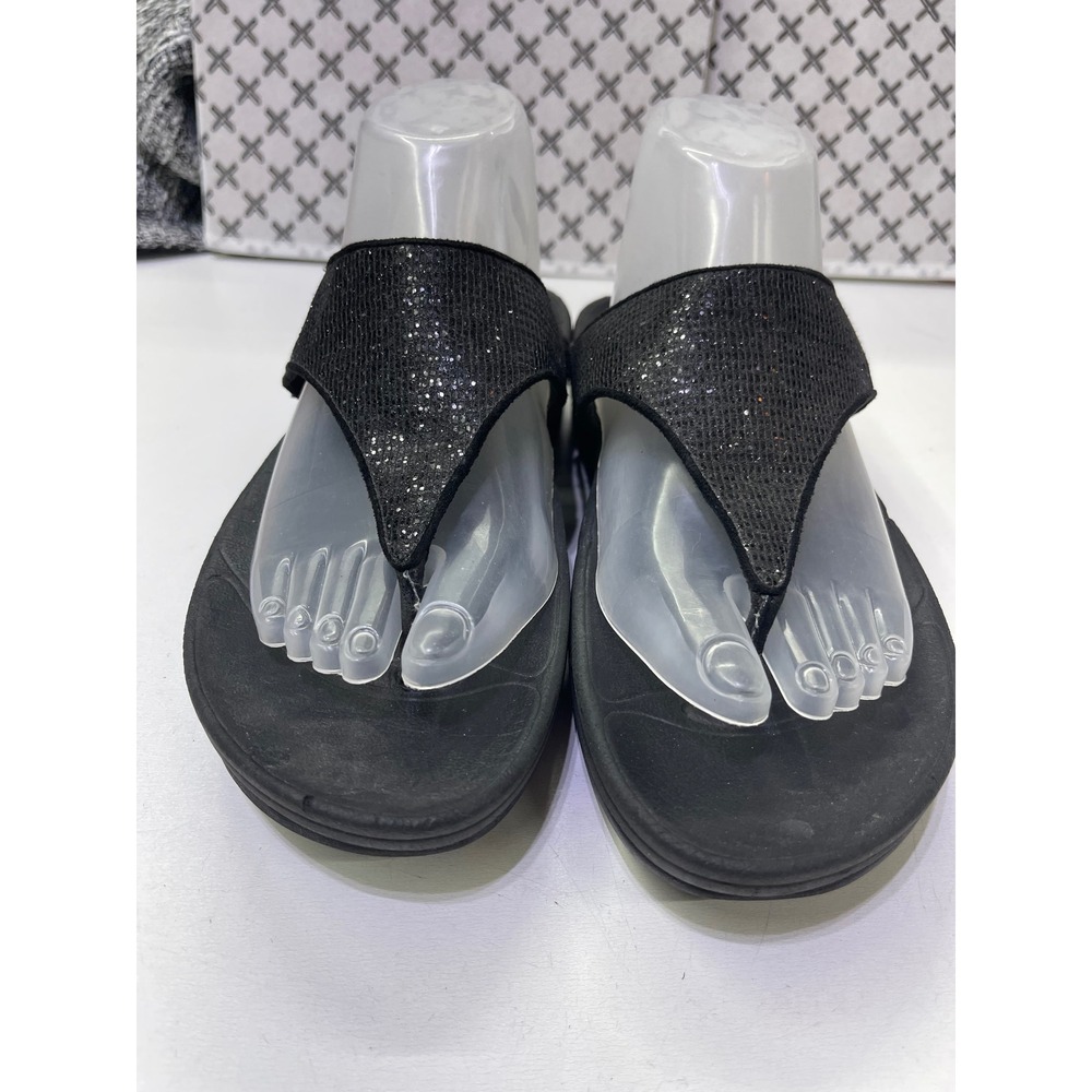FitFlop Microwobbleboard Black Glitter Shimmer Thong Sandals Womens 9 639-001